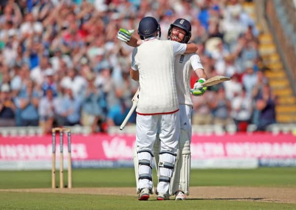 England's Ian Bell and Joe Root celebrate victory during day three of the third Ashes Test at Edgbaston. Picture: David Davies/PA.