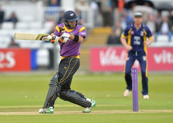 Glenn Maxwell has to turn away from this delivery in defensive mode but the Australian made 65 from 51 balls, including five fours and two sixes, before rain interrupted and ultimately saw Yorkshire beat Durham on the Duckworth-Lewis method (Picture: Anna Gowthorpe).