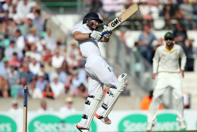 Adam Lyth pulls weakly to mid-on off Australia's Peter Siddle for 19 at The Oval.