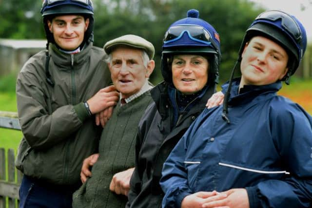 Henry Brooke, grandfather John Platts ,  mum Julia Brooke and brother Danny Brooke  at Brough Farm, Middleham