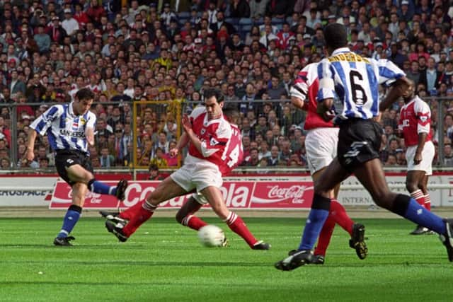 John Harkes strikes the ball home to give Sheffield Wednesday an eighth minute lead in the 1993 League Cup final.