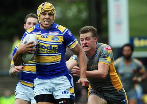 Leeds Rhinos v Salford Super league Easter Mon 21st april 2014
Ben Jones-Bishop makes a good run for Zak Hardaker to score