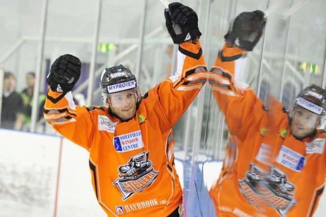 Robert Dowd celebrates scoring one of his two goals against Dundee Stars on Saturday night. Picture: Dean Woolley.