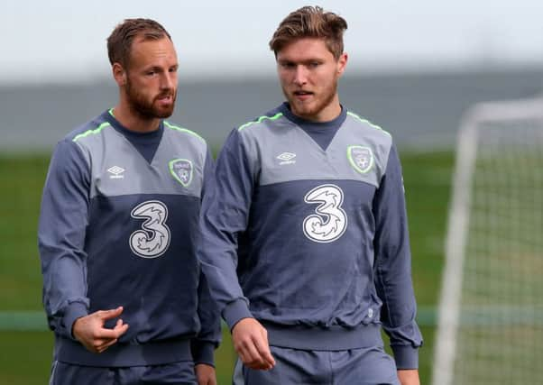 Republic of Ireland's David Meyler (left) and Jeff Hendrick during a training session at Gannon Park, Dublin.