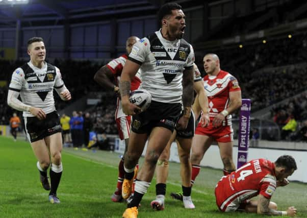 Fetuli Talanoa celebrates scoring Hull's fourth try.  Picture Bruce Rollinson