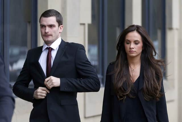 England footballer Adam Johnson, 28, arrives with partner Stacey Flounders at Bradford Crown Court