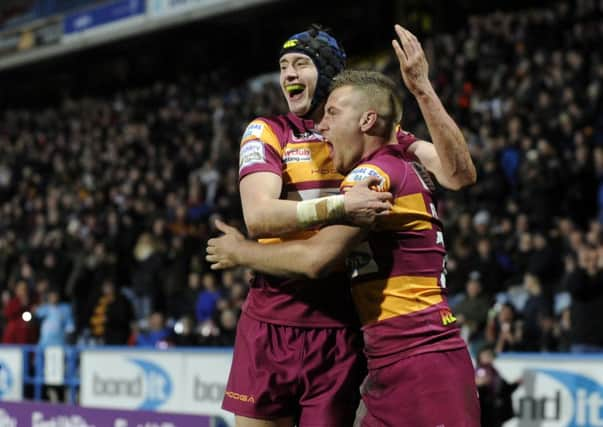 Jamie Foster celebrates his try with Sam Wood. Picture Bruce Rollinson