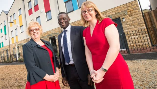 (from left) Coun Val Slater, Bradford Council; Rupert Pometsey, of InCommunities; Nicola Clayton,  of QSH on Chain Street