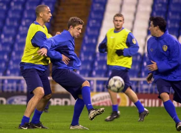 Leeds United training at the Santiago Bernabeu Stadium, Madrid. 
Rio Ferdinand and Alan Smith battle it out.