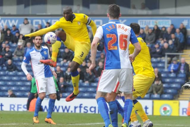 Leeds United's Sol Bamba scores the opening goal at Blackburn. Picture: Simon Hulme