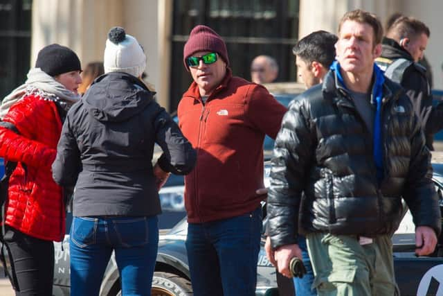 Matt LeBlanc (centre) during filming of BBC Top Gear in Westminster, London.