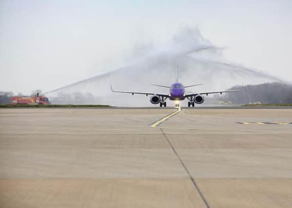 First Flybe aircraft lands at Robin Hood Airport ahead of the first flight to Paris. Picture: Shaun Flannery