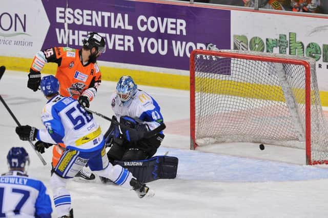 Sheffields Mathieu Roy deflects home an equaliser to make it 1-1 last night, but the Steelers lost on aggregate. Picture: Dean Woolley