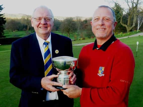 Harrogate Union president Ian Smith, left, and Bedale captain Dave Munton with the Knaresborough Trophy.