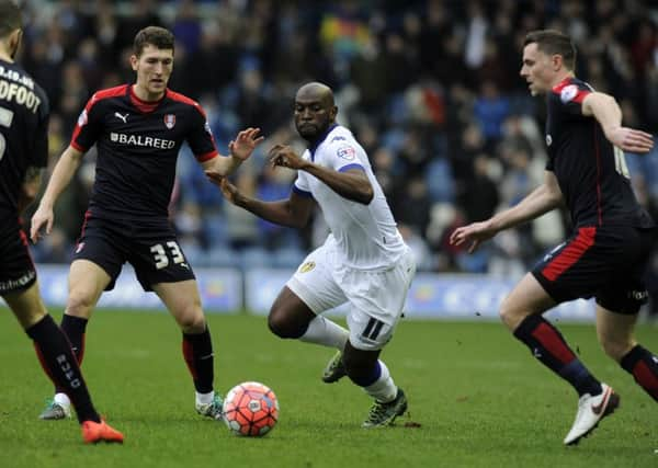 WE'LL MEET AGAIN: Leeds United's Soulemayne Doukara looks for a way through past Rotherham's Kirk Broadfoot and Frazer Richardson during the FA Cup tie between the two back in January. Picture: Bruce Rollinson