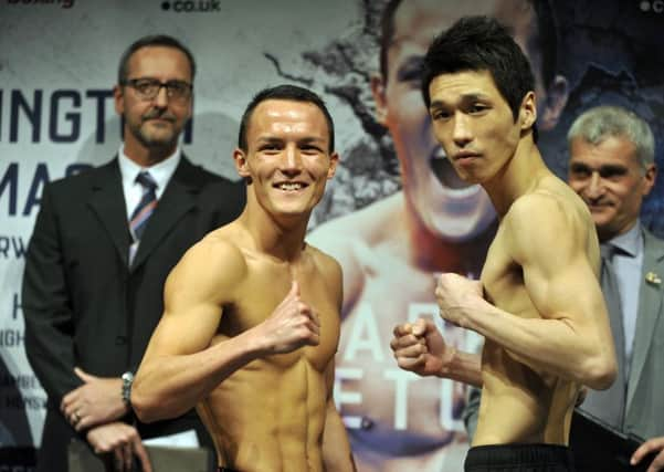 Josh Warrington weigh in for Hisashi Amagasa fight at Leeds Arena   fri 15th april 2016