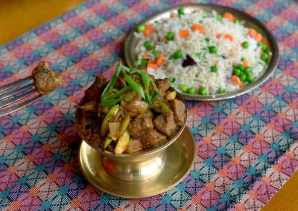 Slow cooked fresh local lamb with onions, ginger, garlic, fresh Nepali masala, chilli amd coriander  at the Yak and Yeti restaurant in York.