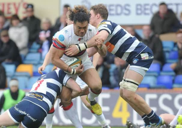 Doncaster knights Laku Makaafi tries to batter his way through the Carnegie line. Picture: Steve Riding.