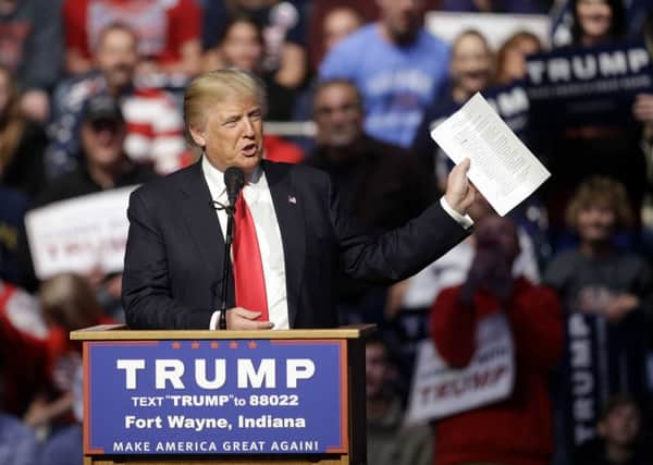 Republican presidential candidate Donald Trump speaks during a campaign stop.