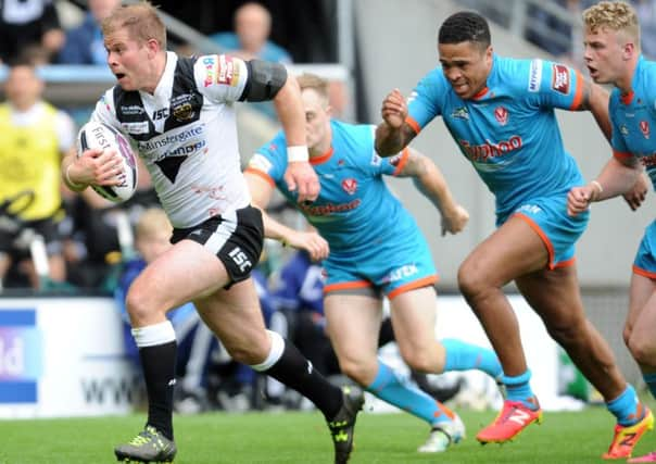 Hulls Danny Washbrook races in to score a late try  his first for the club since rejoining from Wakefield  which sealed the game against St Helens. Picture: Steve Riding