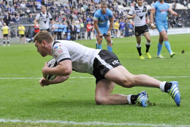 Hull's 
Scott Taylor goes over against St Helens Picture: Steve Riding.