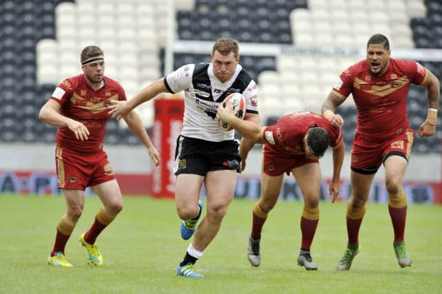 Scott Taylor bursts through the Catalan defence to pass to Danny Houghton to score.