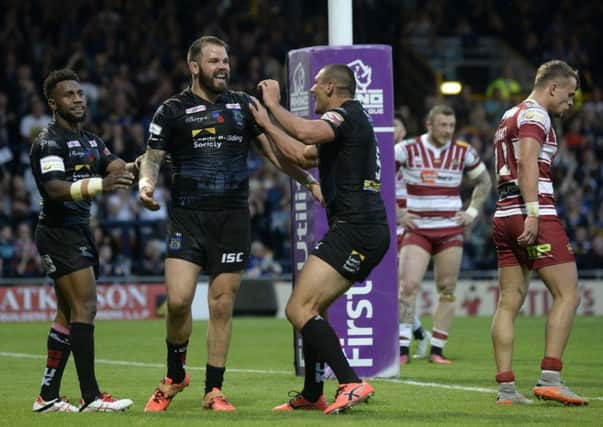 Adam Cuthbertson celebrates his try.