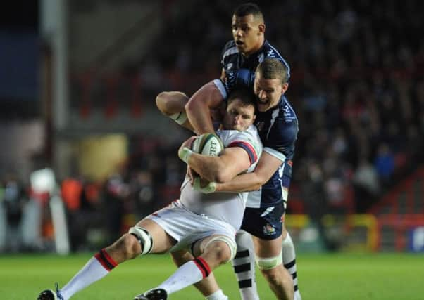 One step away: Doncaster failed to reach the Premiership when they lost their play-off final to Bristol last season, Ian Evans being hauled down by Knights Matt Challinor in the second leg at Ashton Gate. (Picture: PA)