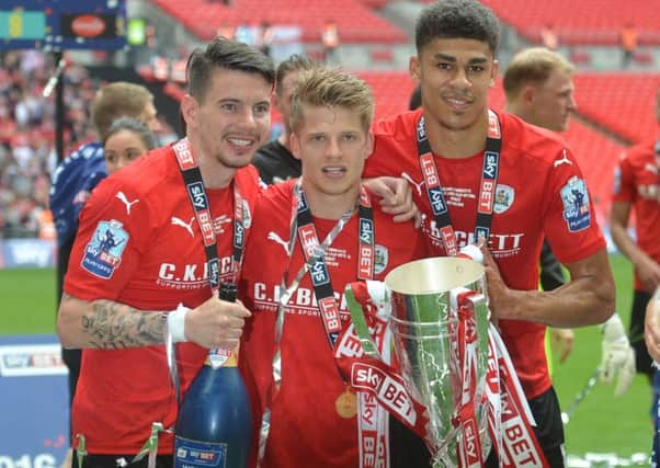 Barnsley play-off final goalscorers Adam Hammill, Llyod Isgrove and Ashley Fletcher.