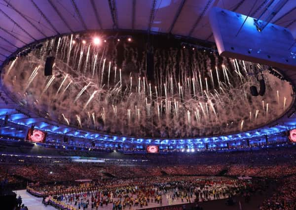 Fireworks go off during the Rio Olympic Games 2016 Opening Ceremony at the Maracana, Rio de Janeiro, Brazil.  Martin Rickett/PA Wire.