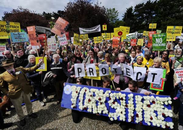 Demonstrators outside County Hall, Northallerton, prior to county councillors giving the go ahead for fracking at Kirby Misperton.