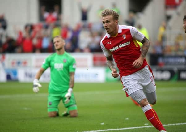 Danny Ward wheels away after scoring the only goal of the game as Rotherham United beat Brentford (Picture: Glenn Ashley).