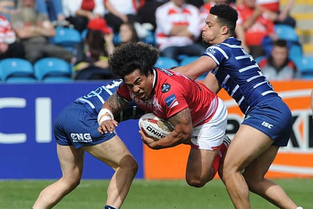 Featherstone's Andy Ellis and Josh Wailters ground FuiFi MoiMoi. Picture: Dave Williams.