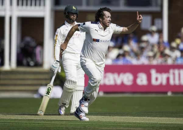 Yorkshires Ryan Sidebottom celebrates dismissing Nottinghamshires Samit Patel during a burst which wrecked the visitors hopes at Scarborough. (Picture: Allan McKenzie/SWpix)