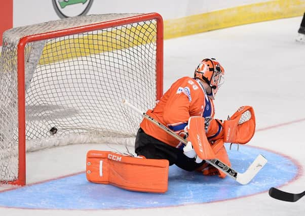 Sheffield Steelers' Ervins Mustukovs can't stop Chris Abbott's tip-in from Chris Abbott Martin Tornberg's shot. Picture: Dean Woolley.