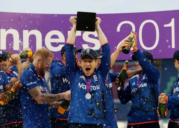 England captain Eoin Morgan lifts the Royal London one day series trophy.