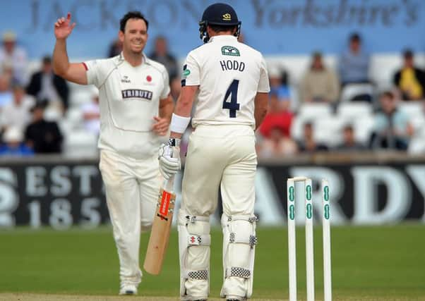 Somersets Jim Allenby is all smiles after bowling Yorkshires Andy Hodd (Picture: Dave Williams).