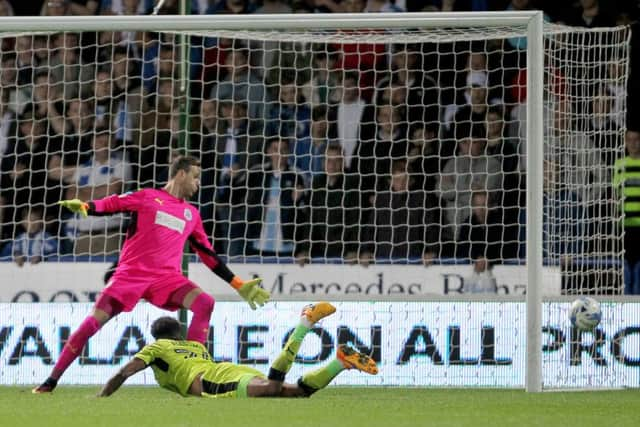 Rotherham United's Tom Adeyemi heads wide during the Sky Bet Championship  match at the John Smith's Stadium, Huddersfield. (Photo: PA)