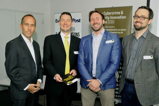 280916   The speakers at the Innovation Network event on Cyber Security at the Yorkshire Post Offices in Leeds, l to r.... Lloyd Emmerson Digital Fraud Manager , Lloyds Banking Group, Ian Sharp CEO of Digital Enterprise Zone, Bradford, Adam Beaumont  Founder and CEO  ,AQL and Cliffe Schreuders Director of Cybercrime and Security Innovation Centre, Leeds Beckett University.