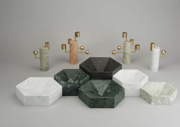 Constellation bowls and  Stargazer brass and stone candlesticks by Lara Bohinc