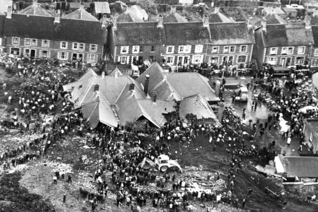 The scene at Aberfan, Glamorgan, after a man-made mountain of pit waste slid down onto Pantglas School and a row of housing killing 116 children and 28 adults.