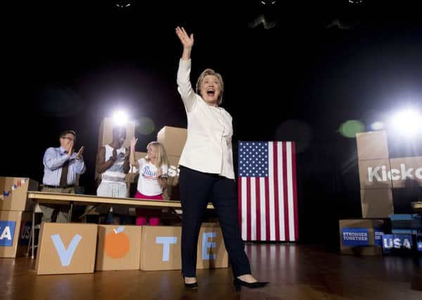 Democratic presidential candidate Hillary Clinton arrives to speak at a rally at Sanford Civic Center. (AP Photo/Andrew Harnik).