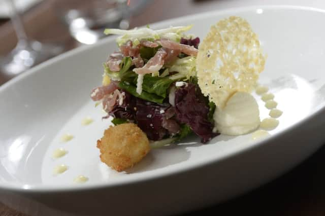 Smoked proscutto ham salad - crispy mozzarella - apple - parmesan tuile - goats cheese. Picture: Bruce Rollinson