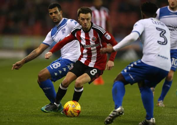 On the ball: Stefan Scougall is already halfway towards his target of 10 goals for the Blades this season.