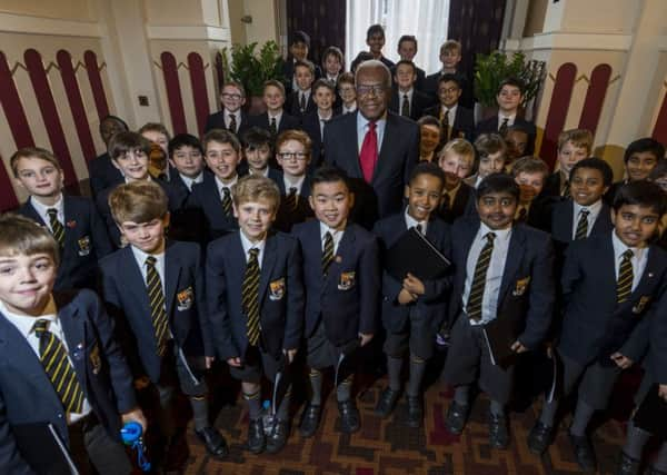 Date:9th December 2016. Picture James Hardisty.
30th Anniversary Yorkshire Business Awards 2016, held at The Queen's Hotel, Leeds. Pictured Special guest Sir Trevor McDonald OBE, with youn