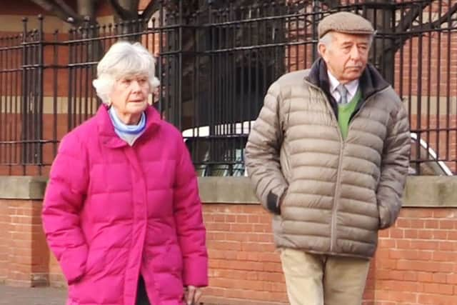 Lady Susan Zetland arriving with husband Lord Zetland at Teesside Crown Court where she has denied dangerous driving following a crash at a busy crossroads.