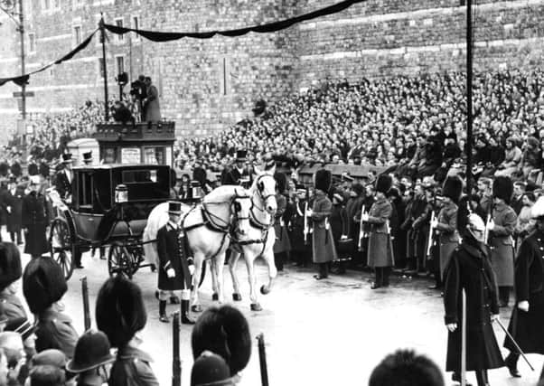 Funeral of King George V in January 1936.  The Queen's coach driving from Windsor Station to St. George's Chapel . The picture was brought by aeroplane to Yorkshire.