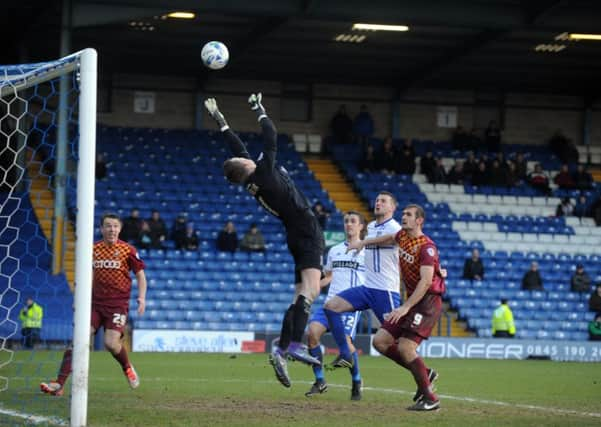 Goalkeeper Ian Lawlor in action for Bury against Bradford.  
Picture: Tony Johnson