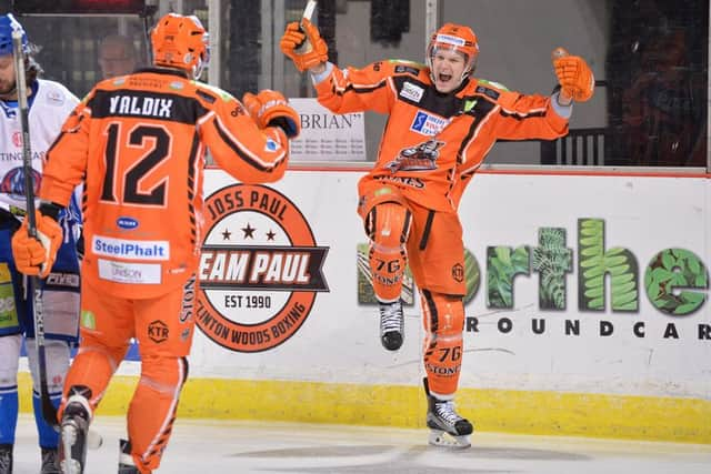 Levi Nelson celebrates scoring against Coventry on Saturday. Picture: Dean Woolley.