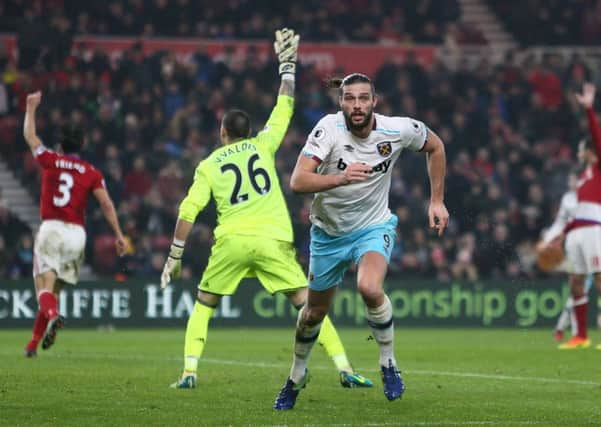 West Hams Andy Carroll celebrates scoring his second goal  against Middlesbrough (Picture: Richard Sellers/PA).